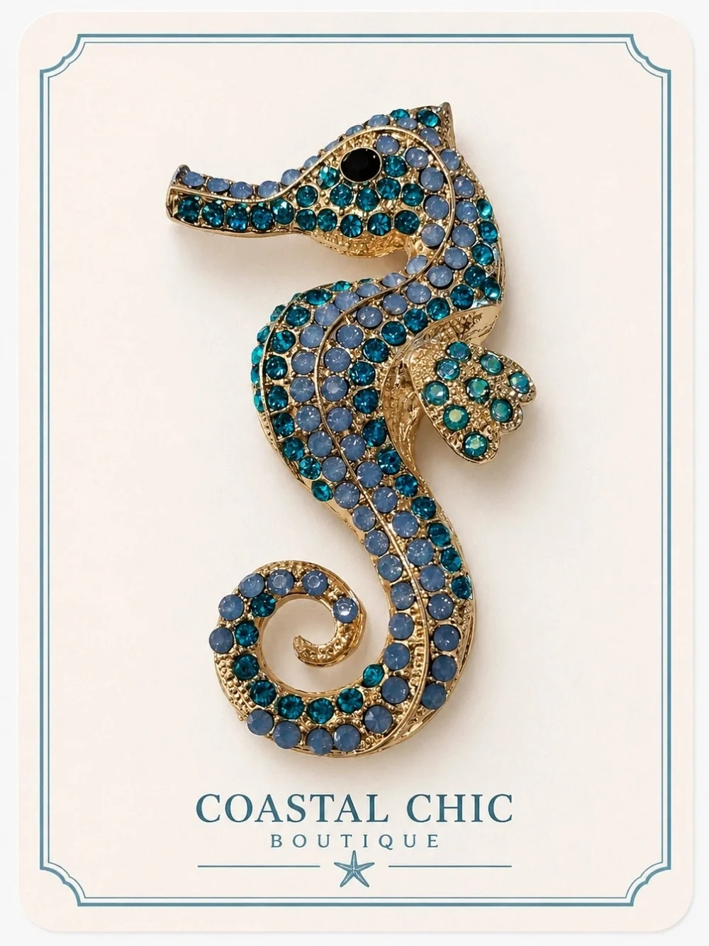 Large Seahorse Teal Blue  Rhinestone brooch